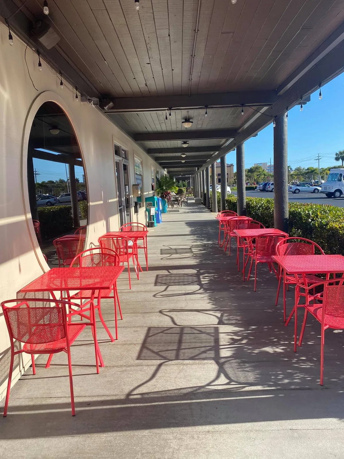Outdoor seating under the walkway